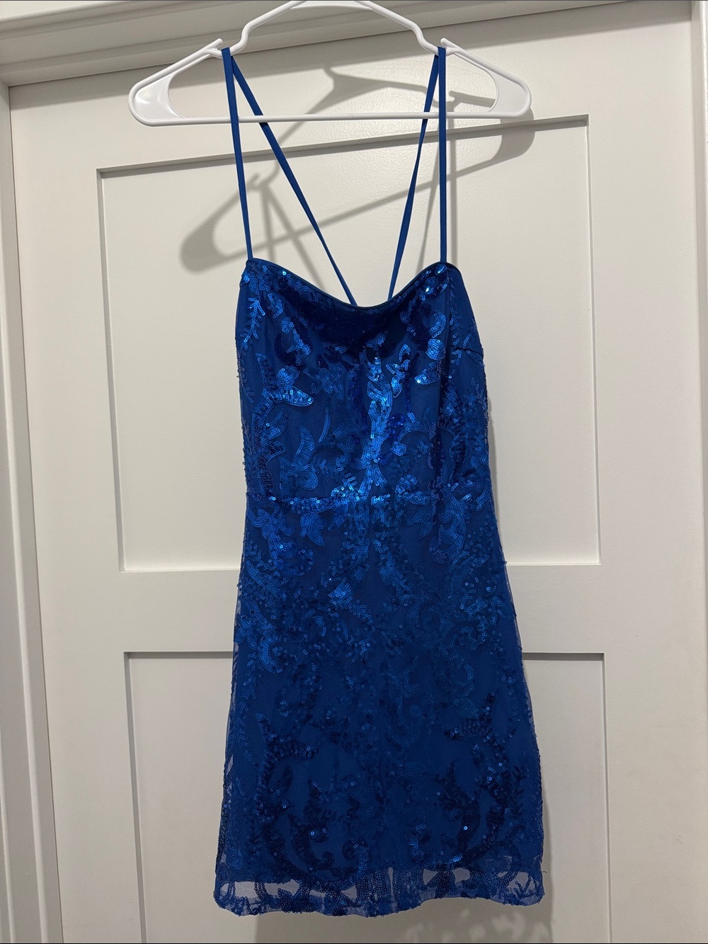 Lulu’s Royal Blue Sequin Slip Dress with Spaghetti Straps size medium. NWT
